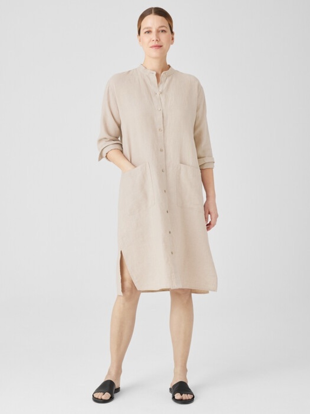 EILEEN FISHER Organic Linen Mandarin Collar Dress Easy Fit, Knee Length Small